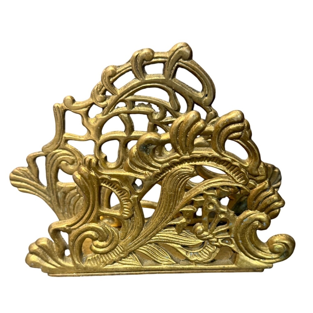 Vintage Teleflora Brass Napkin Letter Holder Art Nouveau Scrollwork Gold Japan